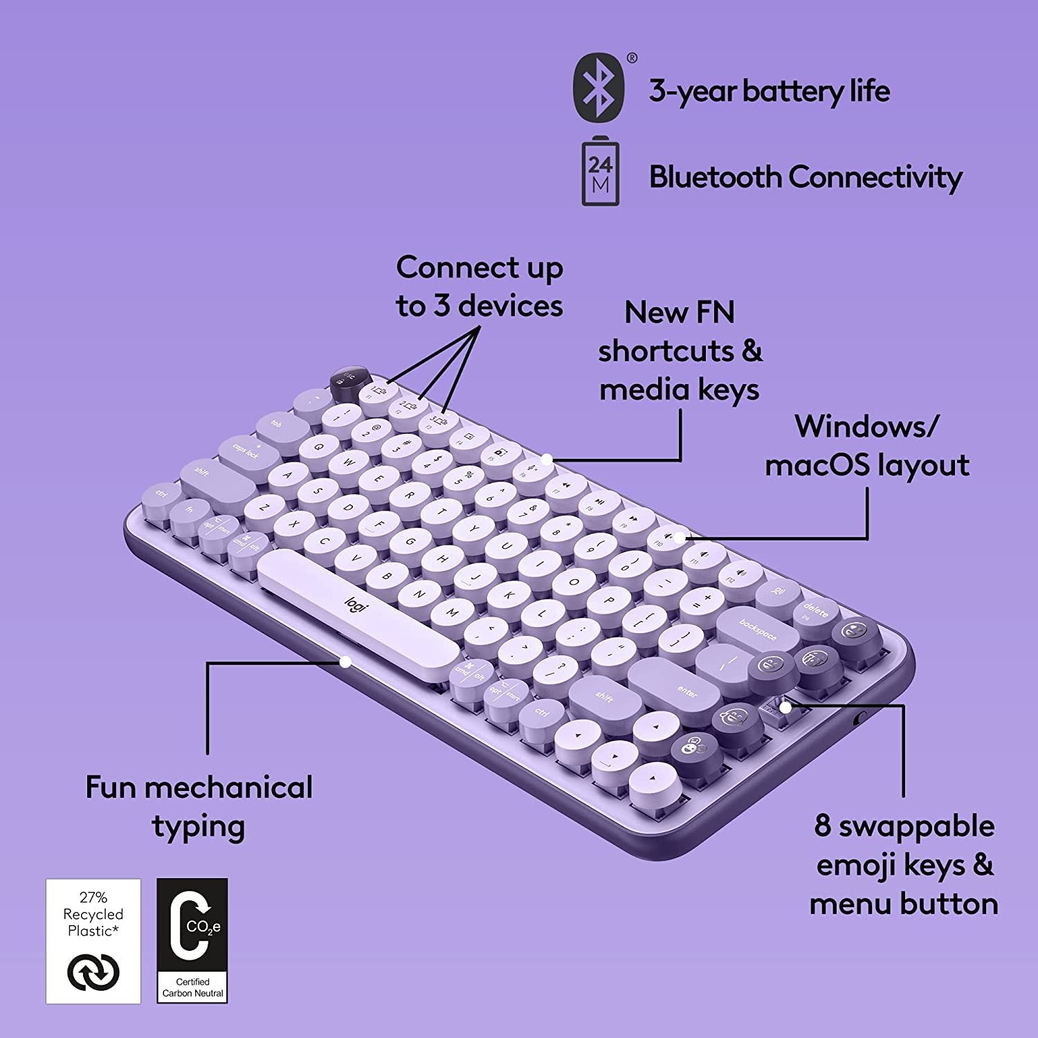 Logitech POP KEYS Wireless Mechanical Keyboard Lavender Cosmos