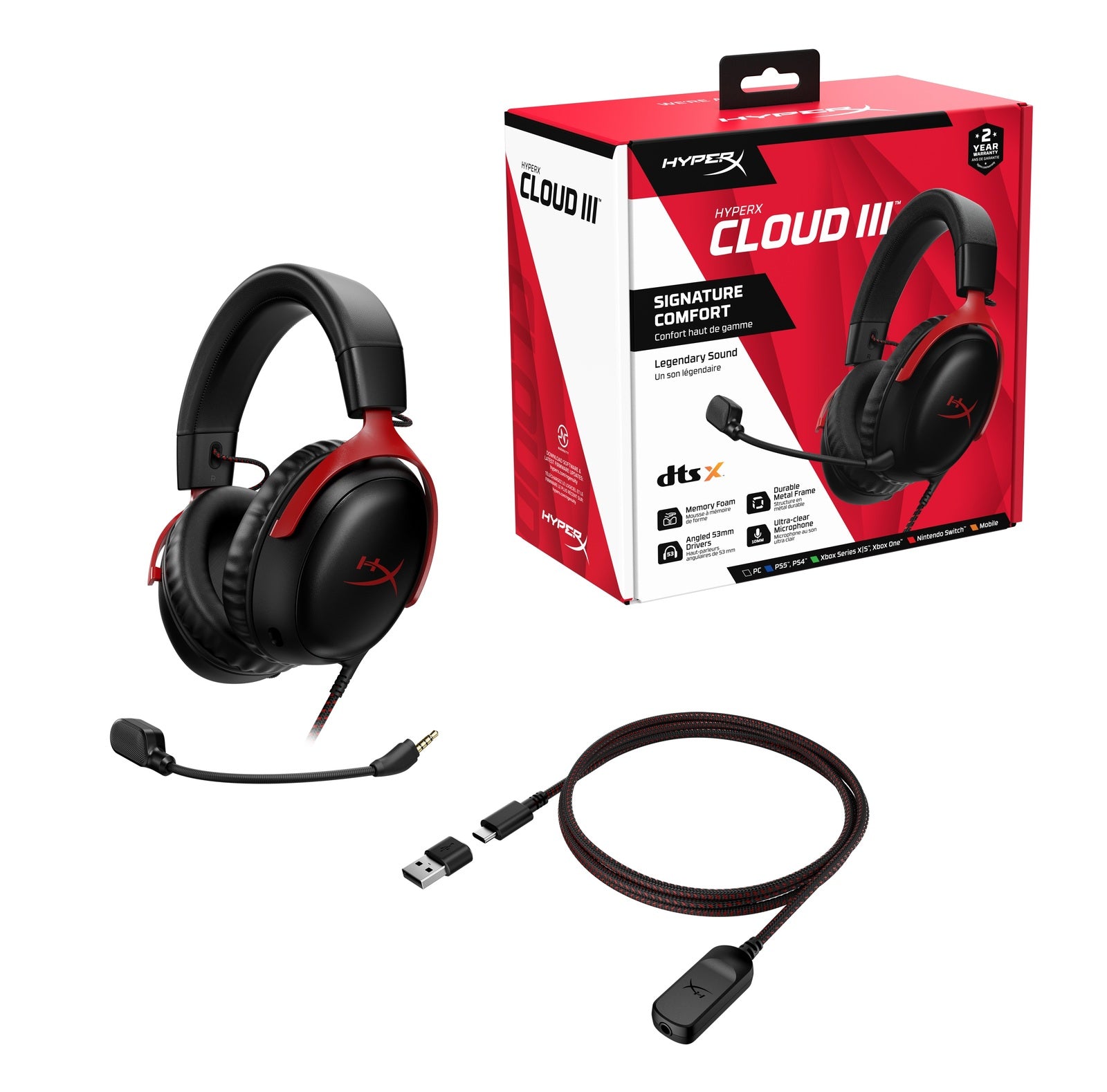 HyperX Cloud III Gaming Headset (Black & Red) (Switch, PC, PS5, PS4, Xbox Series X, Xbox One)