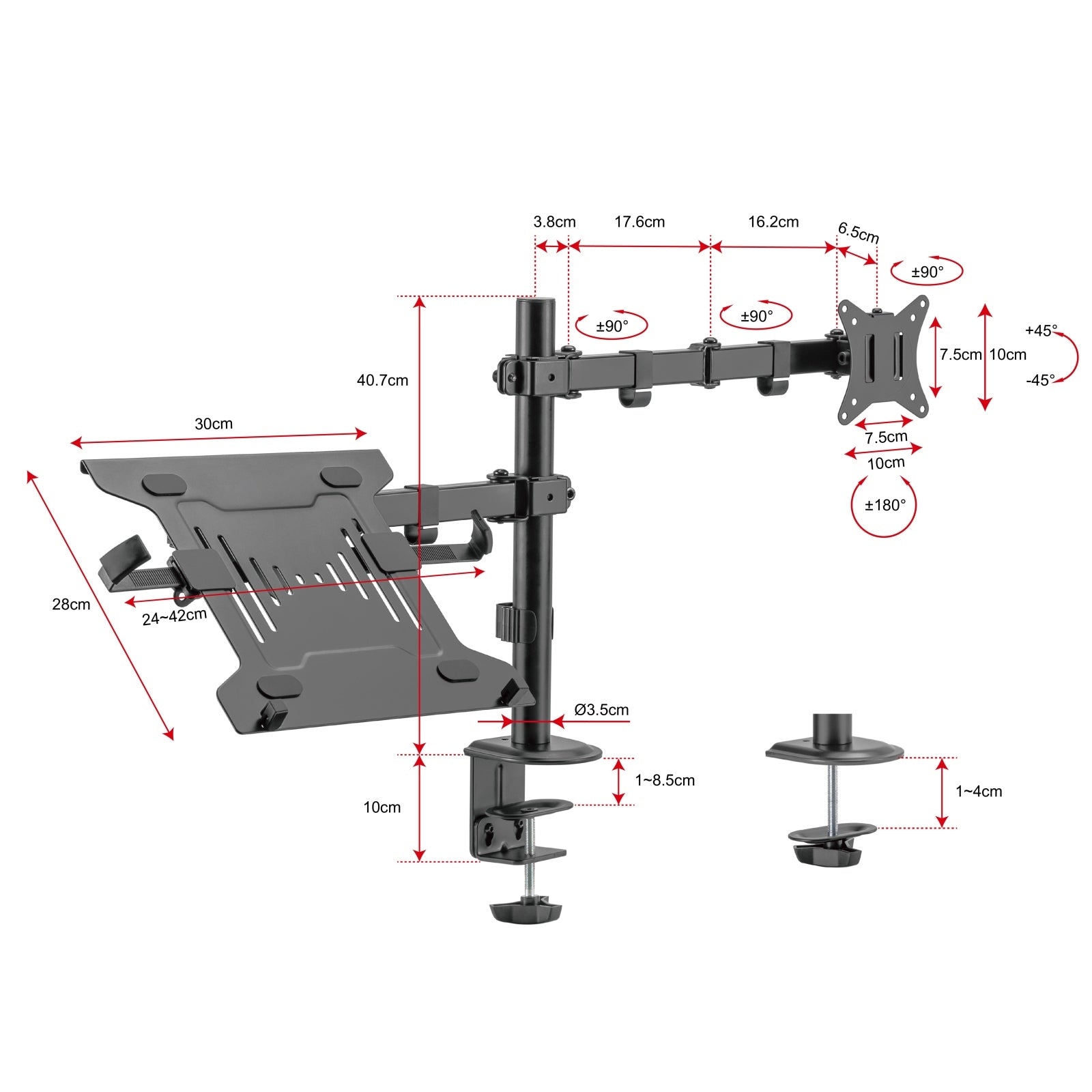 GORILLA ARMS 17"-32" Steel Monitor Arm with Laptop Tray - Black