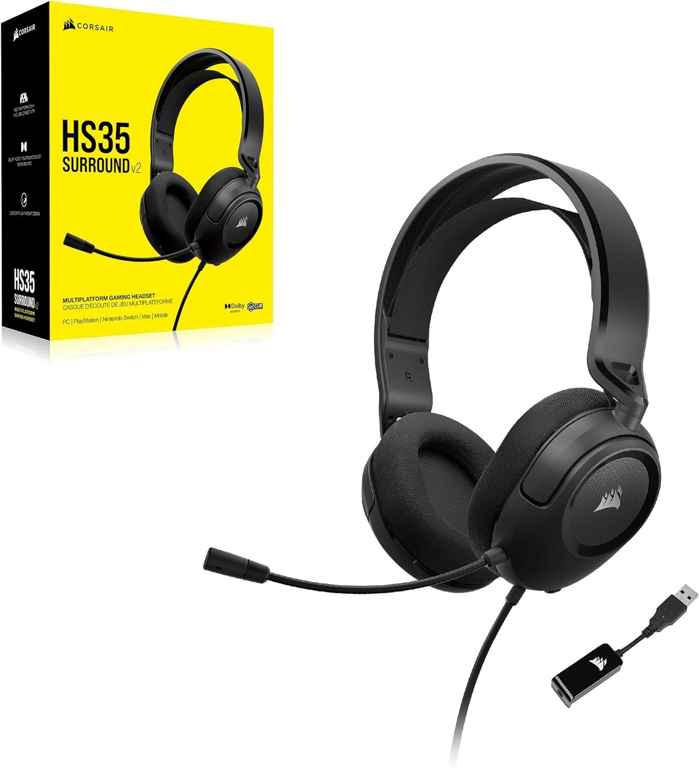 Corsair HS35 Surround V2 Multiplatform Wired Gaming Headset (Carbon) (Switch, PC, PS5, PS4, Xbox Series X, Xbox One)