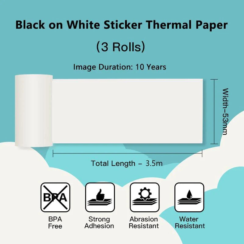 Phomemo 53mm White Sticker 10-Year-Lasting Thermal Paper for T02/M02X/M832丨3 Rolls