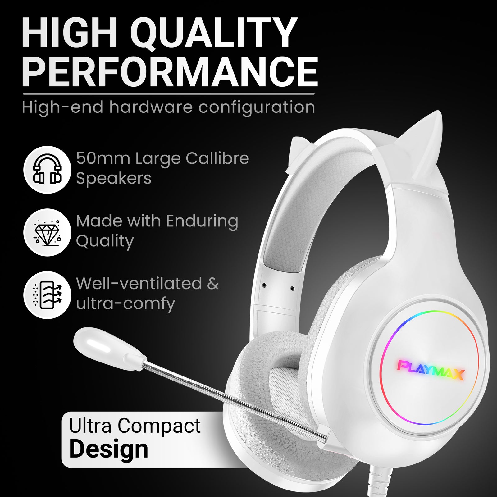 Playmax RGB Cat Ear Headset (White) (Switch, PC, PS5, PS4, Xbox Series X, Xbox One)