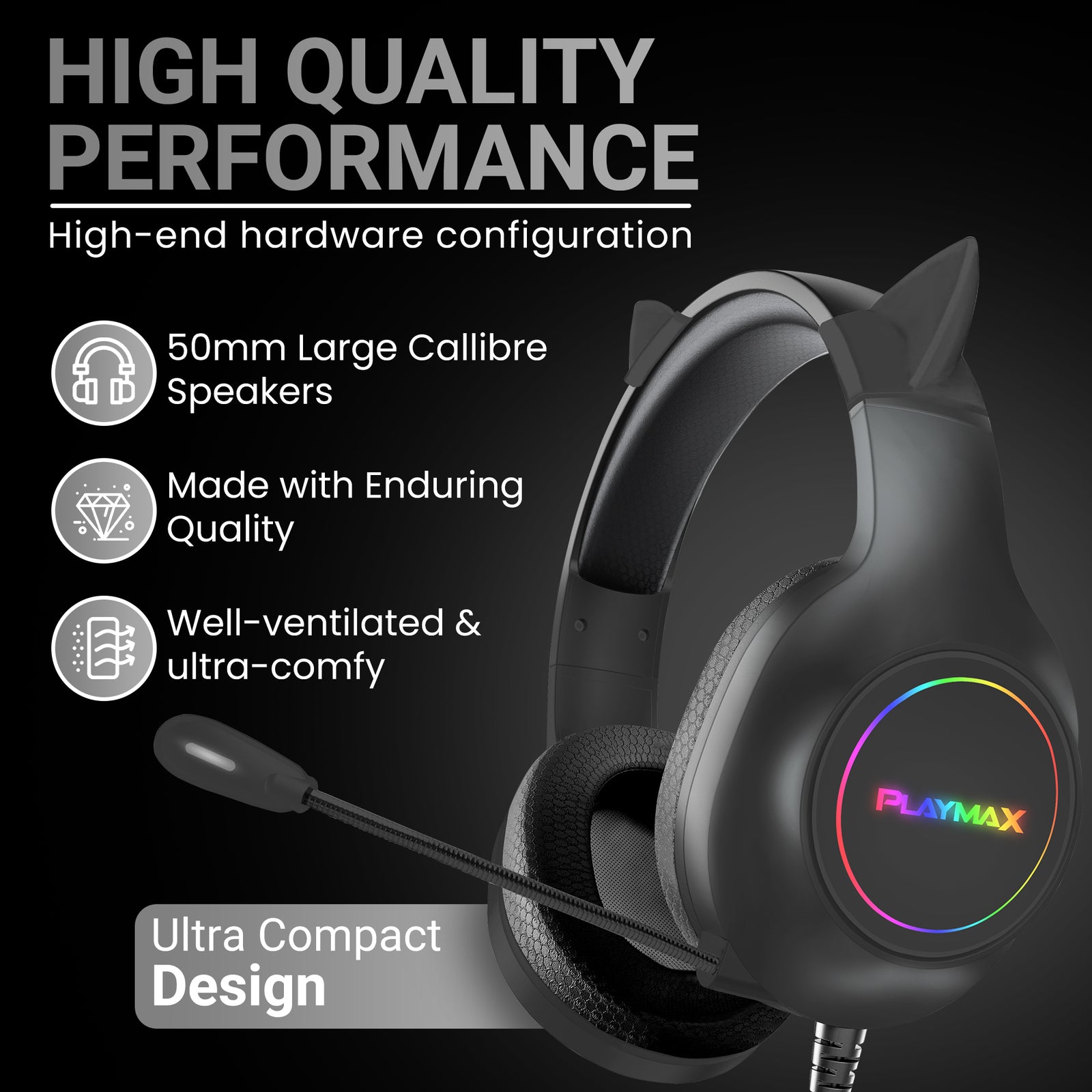 Playmax RGB Cat Ear Headset (Black) (Switch, PC, PS5, PS4, Xbox Series X, Xbox One)