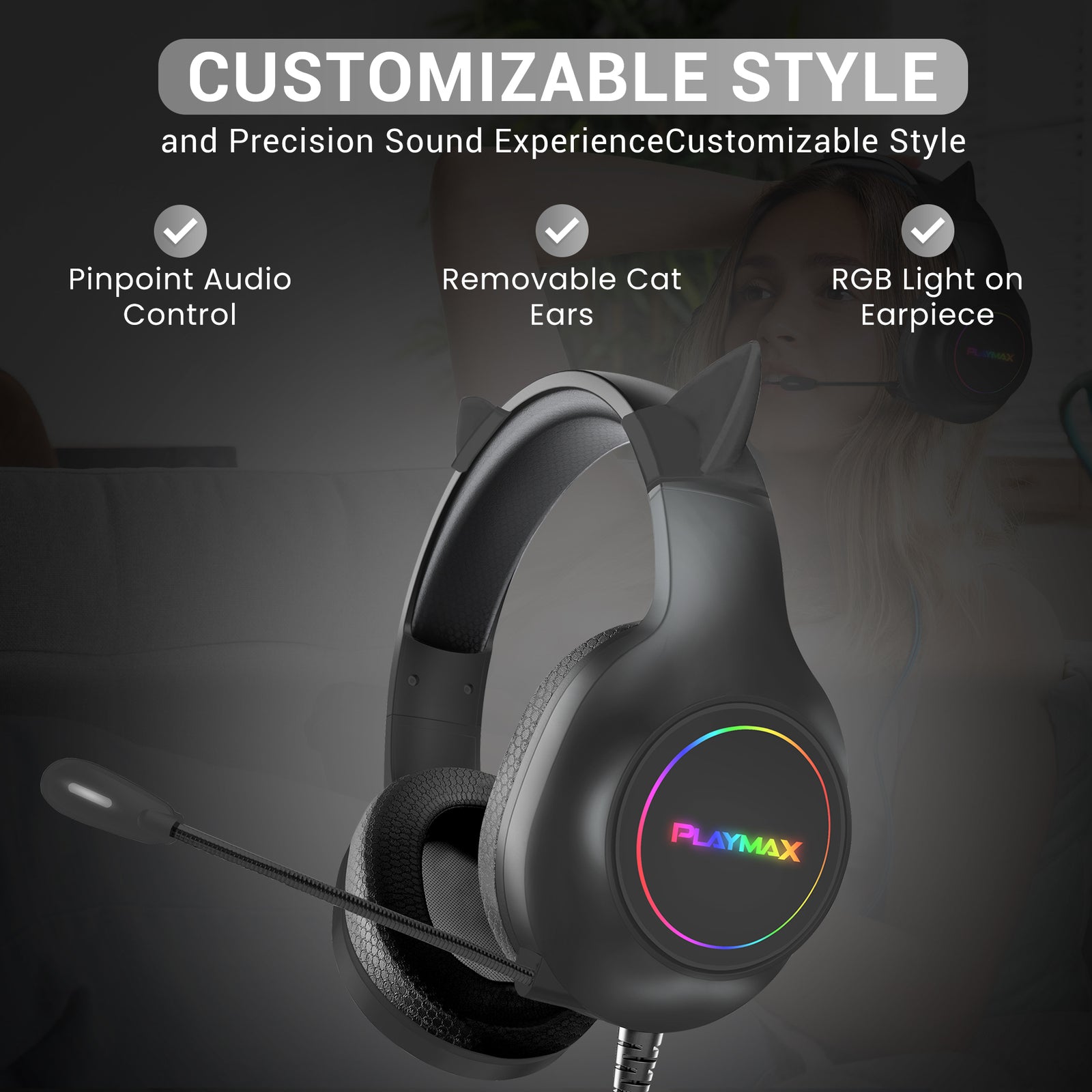 Playmax RGB Cat Ear Headset (Black) (Switch, PC, PS5, PS4, Xbox Series X, Xbox One)