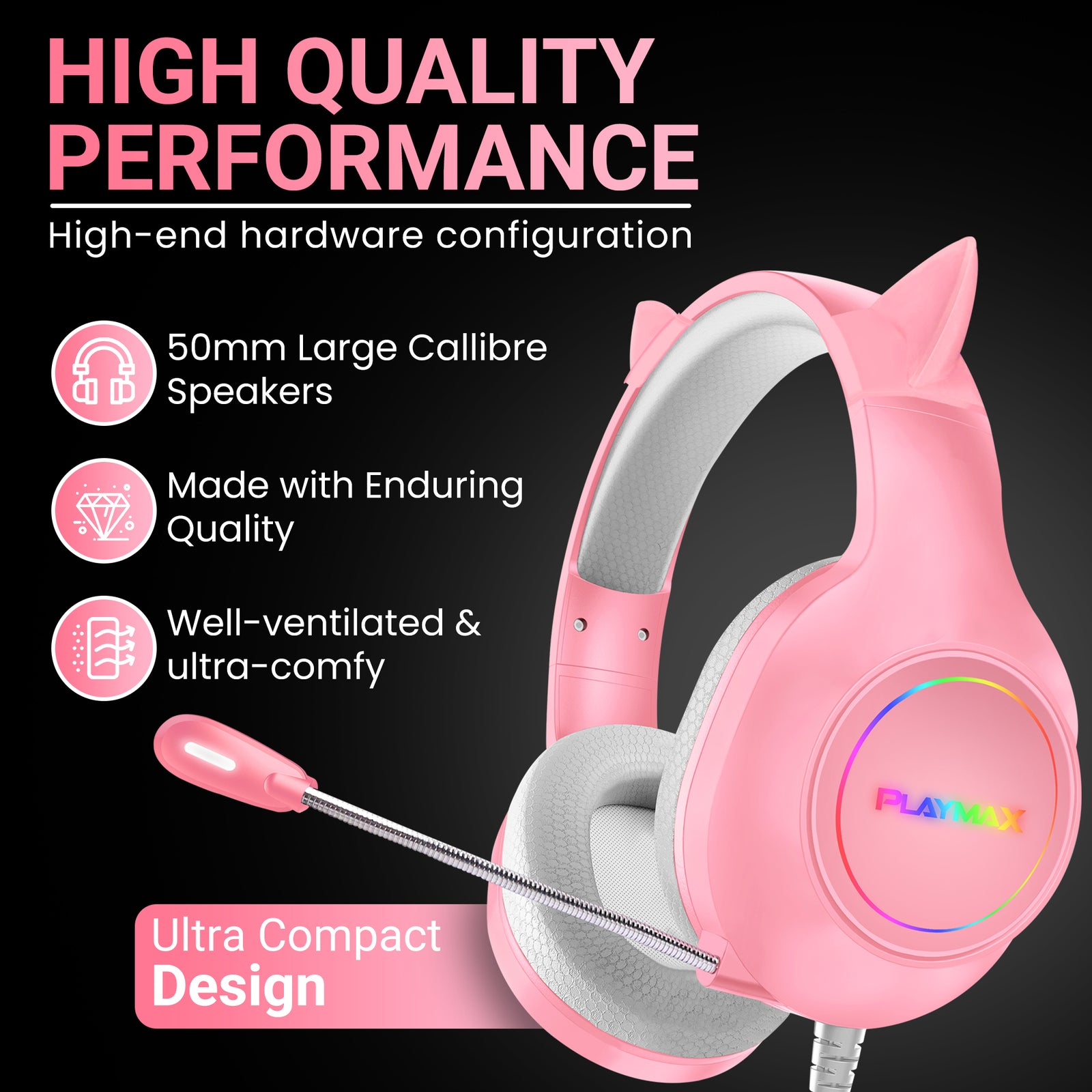 Playmax RGB Cat Ear Headset (Pink) (Switch, PC, PS5, PS4, Xbox Series X, Xbox One)