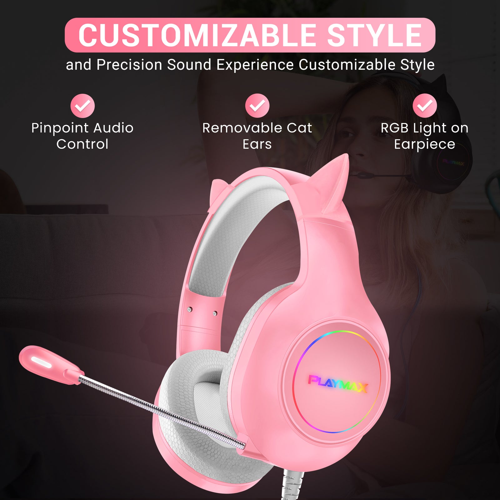 Playmax RGB Cat Ear Headset (Pink) (Switch, PC, PS5, PS4, Xbox Series X, Xbox One)