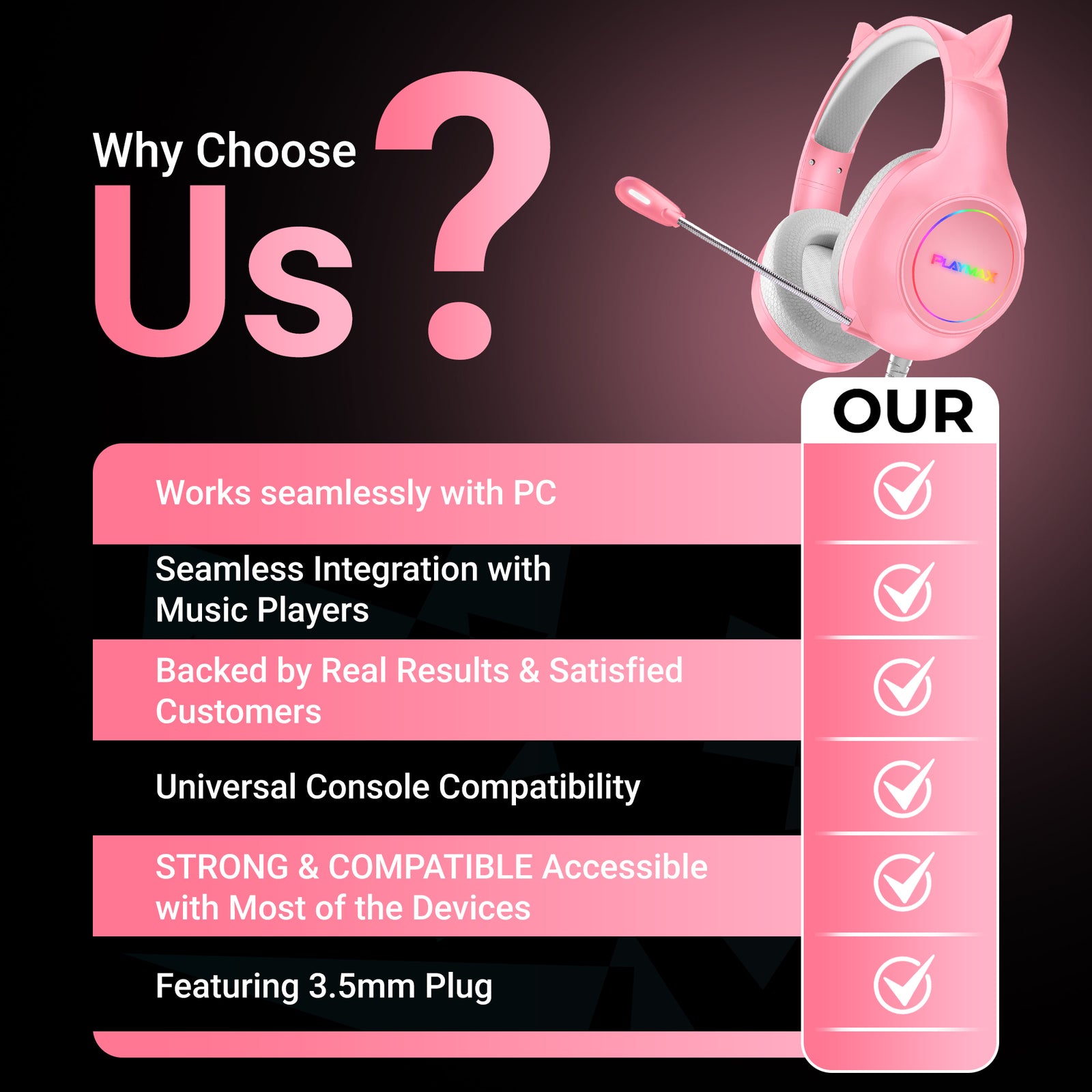 Playmax RGB Cat Ear Headset (Pink) (Switch, PC, PS5, PS4, Xbox Series X, Xbox One)