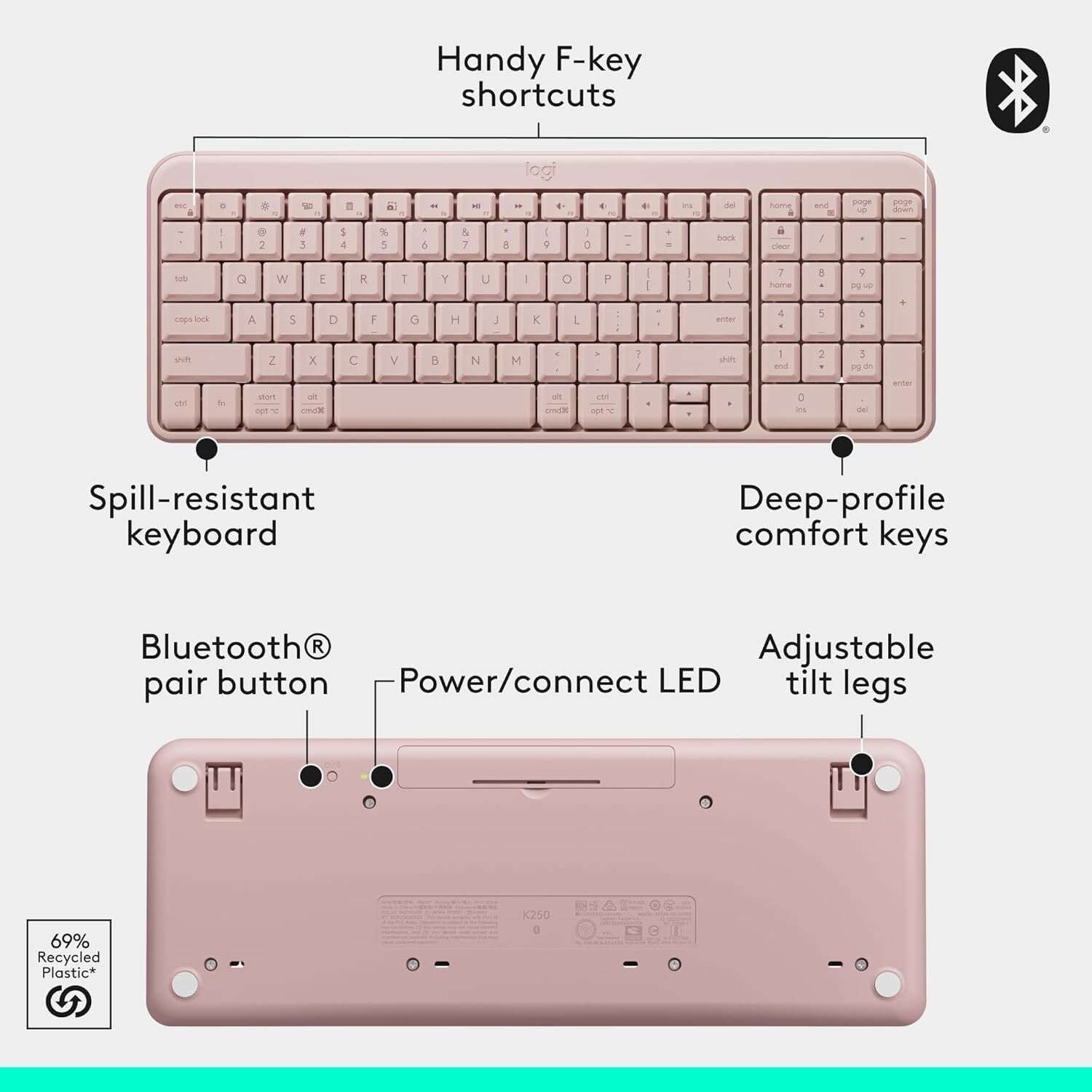 Logitech MK250 Compact Bluetooth Wireless Keyboard and Mouse Combo Rose