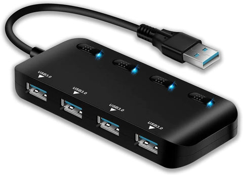 USB 3.0 Hub Splitter - 4 Port Ultra Slim Data Hub with Individual Power Switch and LED