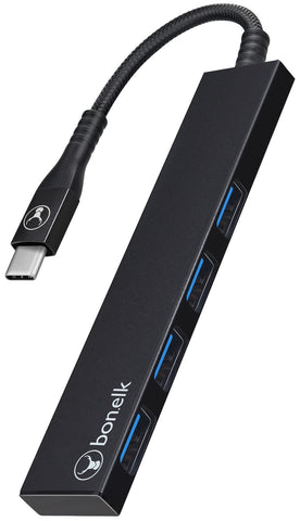 Bonelk: Long-Life USB-C to 4 Port USB 3.0 Slim Hub - Black